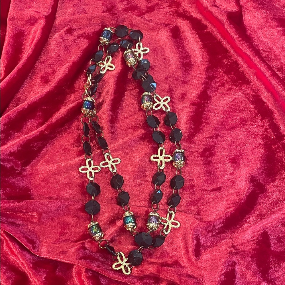 Vintage Gold Tone Cross with Faux Labradorite and Black Bead Necklace.